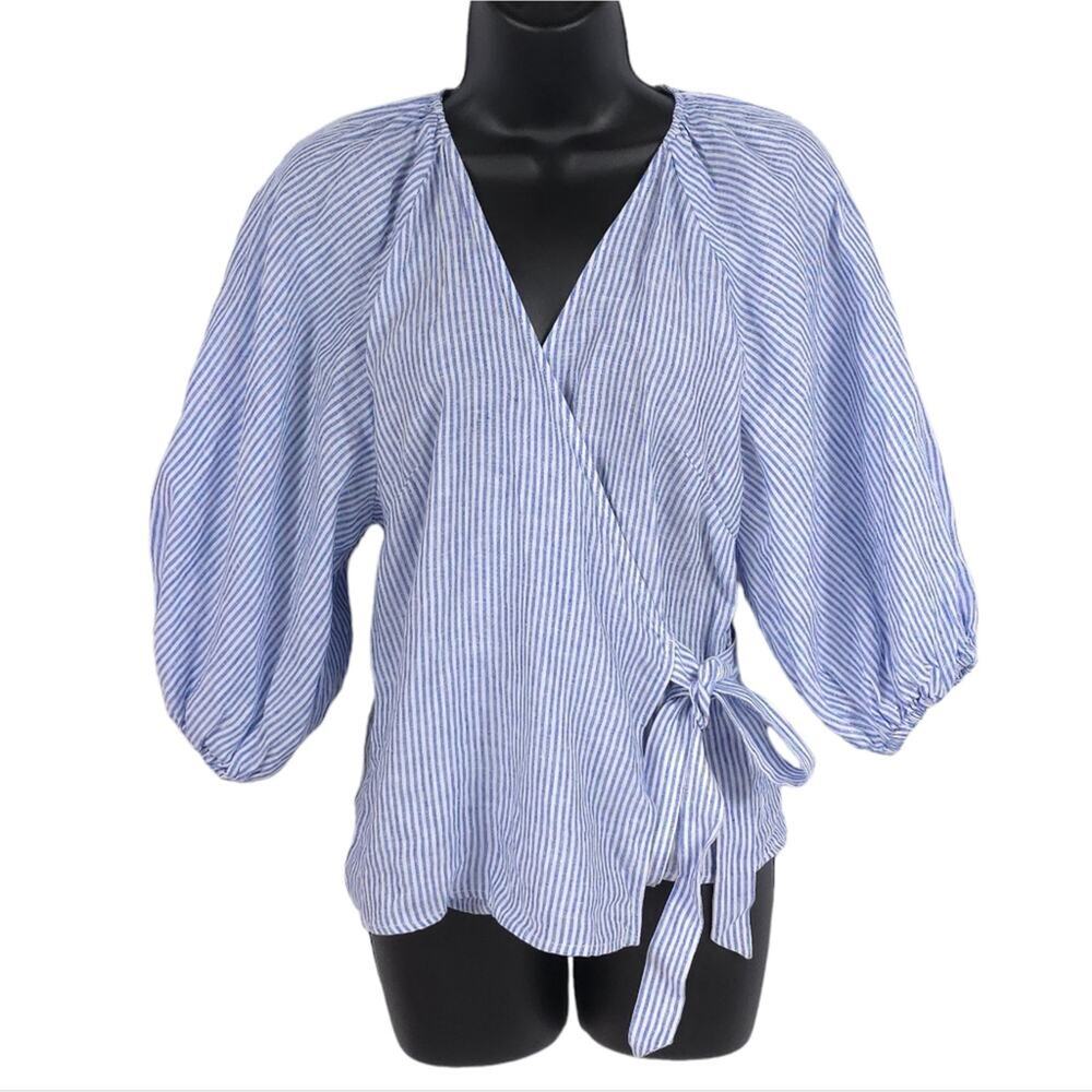 Jonathan Simkhai Puff Sleeve Linen Wrap Shirt Cove Stripe - Picture 3 of 9